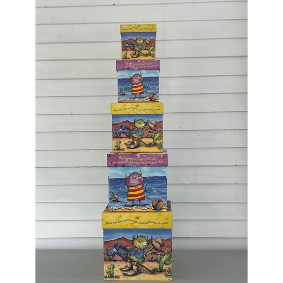 Little Monsters Nesting Boxes Decorative Set Rustic Whimsical Art Set of 5 - Picture 2 of 16